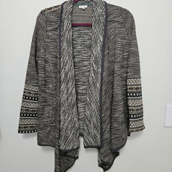 En Creme Small Duster Cardigan Sweater Gray Long Sleeve Open Front SW/Fair Isle - Picture 1 of 9